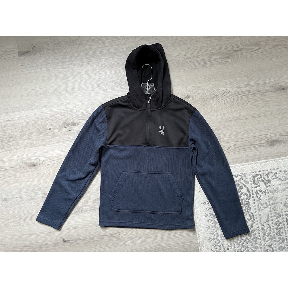 Spyder Blue Black Waffle Knit 1/4 Zip Hoodie Mens Small Logo Colorblock SPFED033